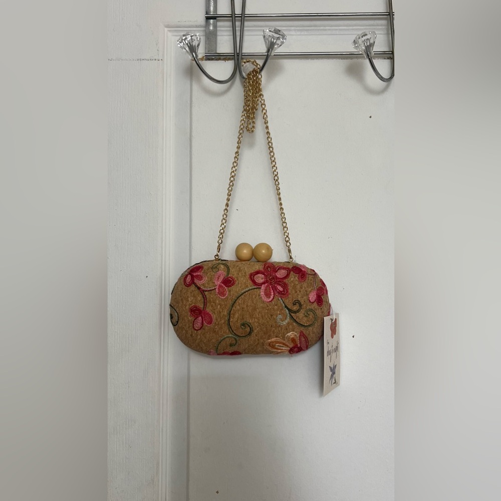 Embroidered Floral Clutch Bag in Tan and Pink - Picture 6 of 6